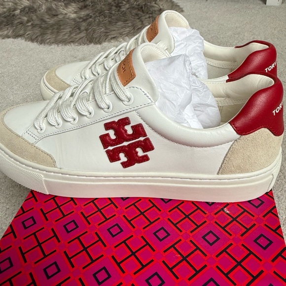Tory Burch White and Red Logo Sneakers - Picture 3 of 5